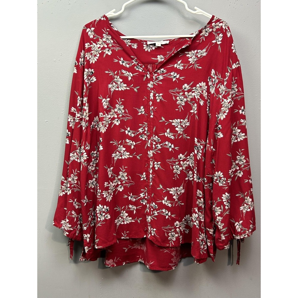 Fun2Fun Blouse Womens 2X Red Floral Print Long Sleeve Tunic Top Rayon Boho Style